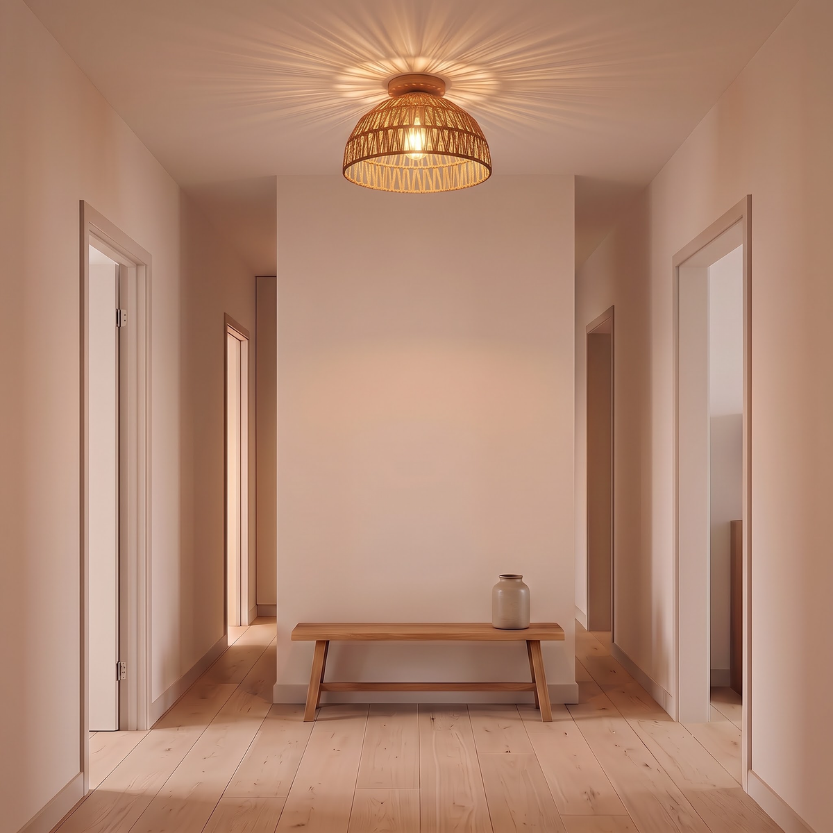 Hand-woven semi-flush ceiling light glowing above an oak hallway bench