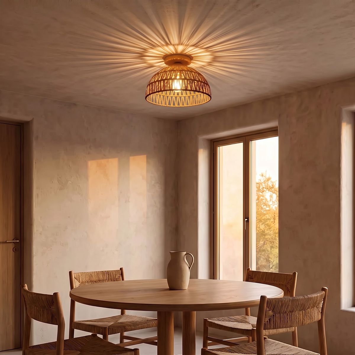 Woven fibre ceiling light over a round oak dining table at evening