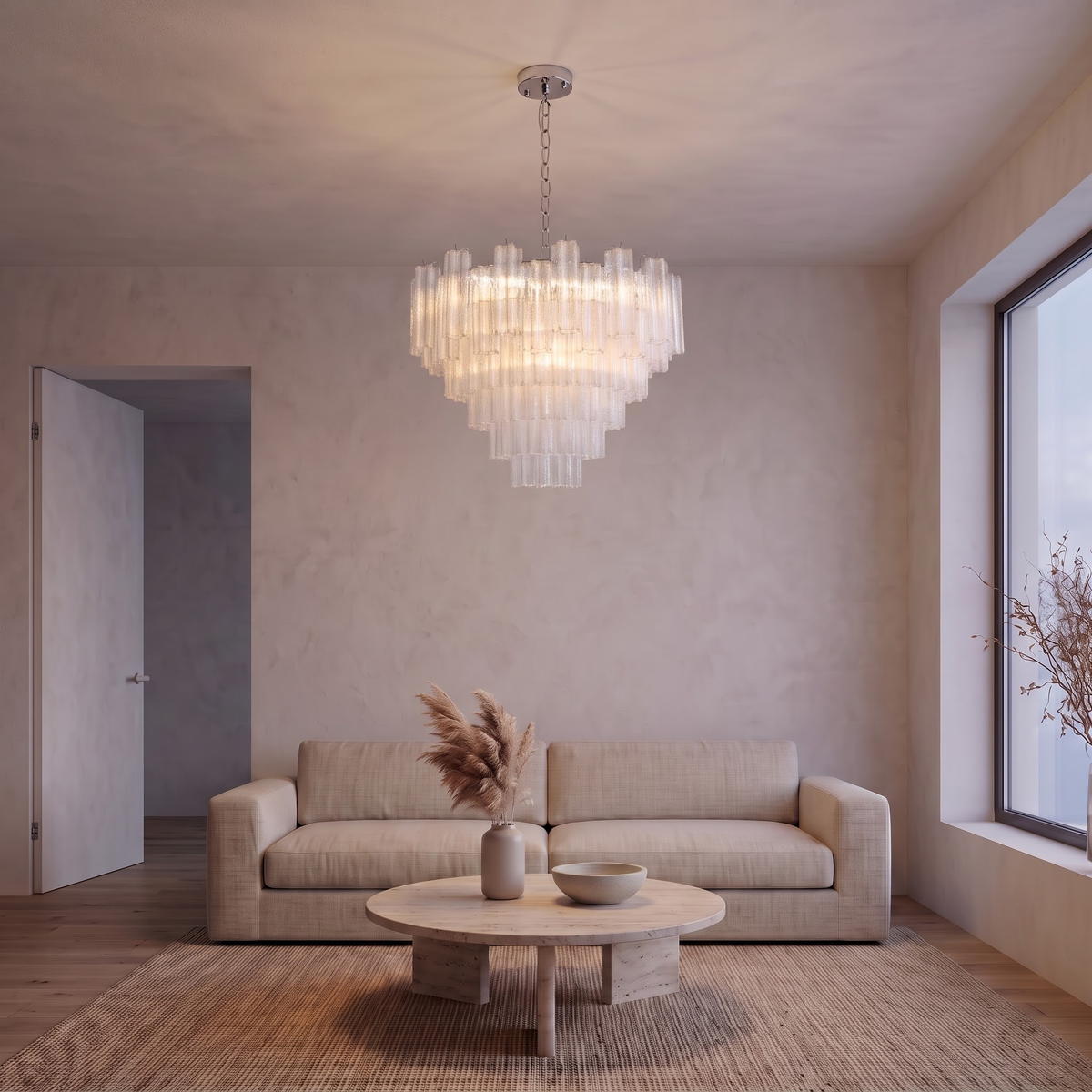 Clear glass tube chandelier with chrome frame in a warm living room