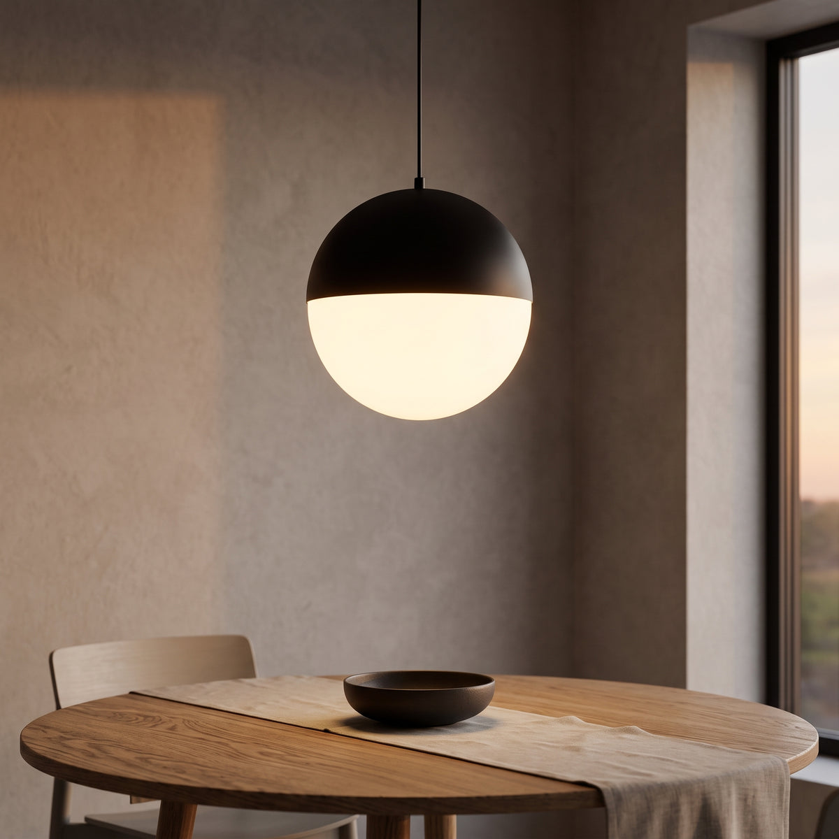 Black and opal glass globe pendant over an oak dining table at dusk