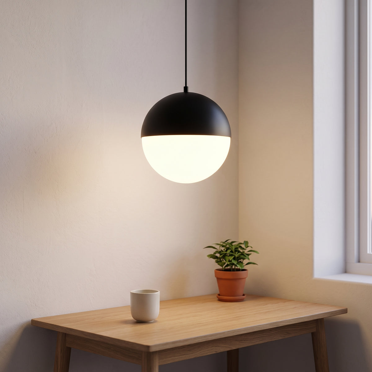 Black sphere pendant with opal glass over an oak desk at dusk