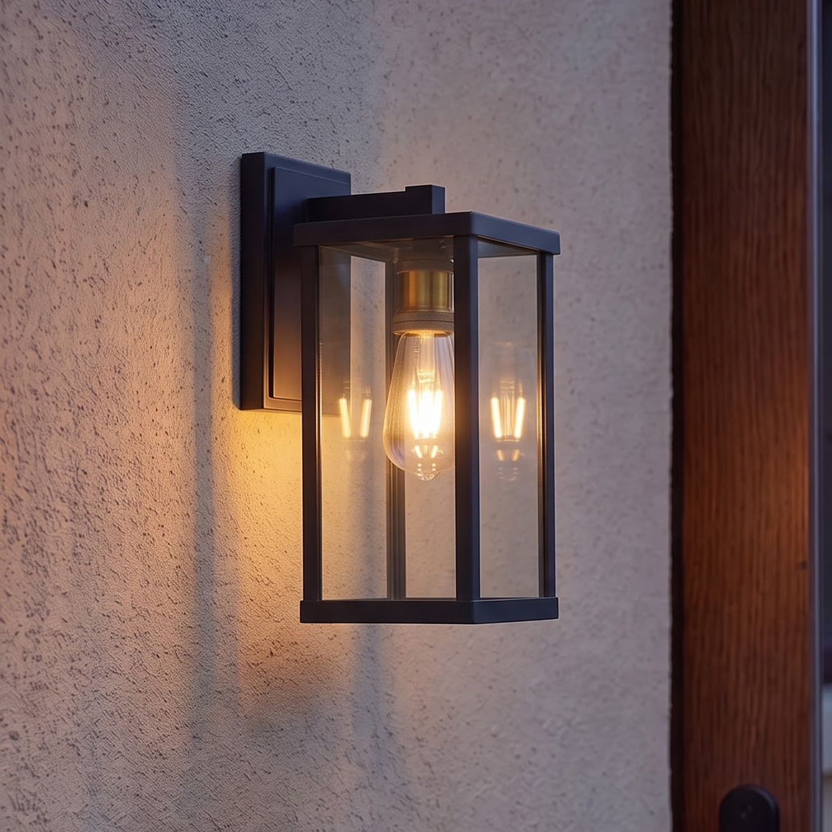 Black glass box outdoor wall lantern glowing beside a front door