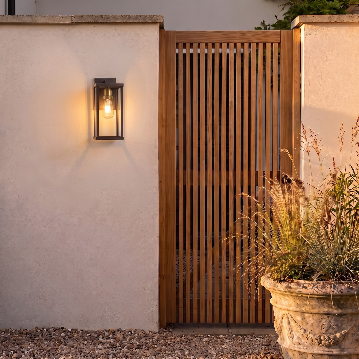 Glass box wall lantern lighting a timber garden gate in a courtyard