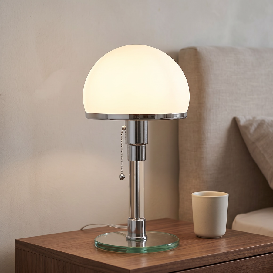 Frosted glass dome table lamp with glass stem glowing on a nightstand