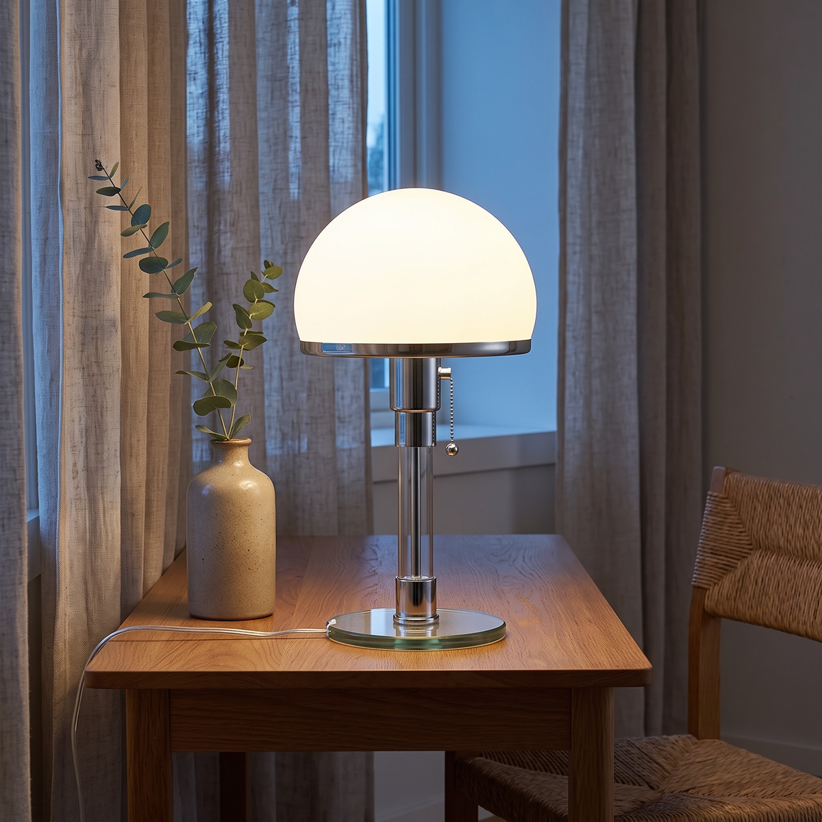 Glass mushroom table lamp glowing on an oak desk at blue hour