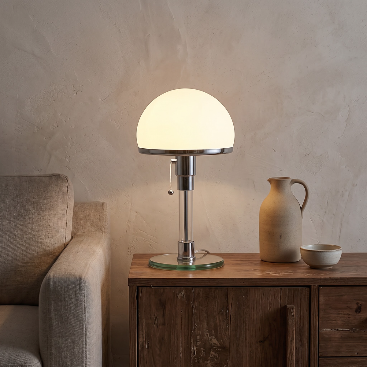 Frosted dome glass lamp on a walnut sideboard in a living room
