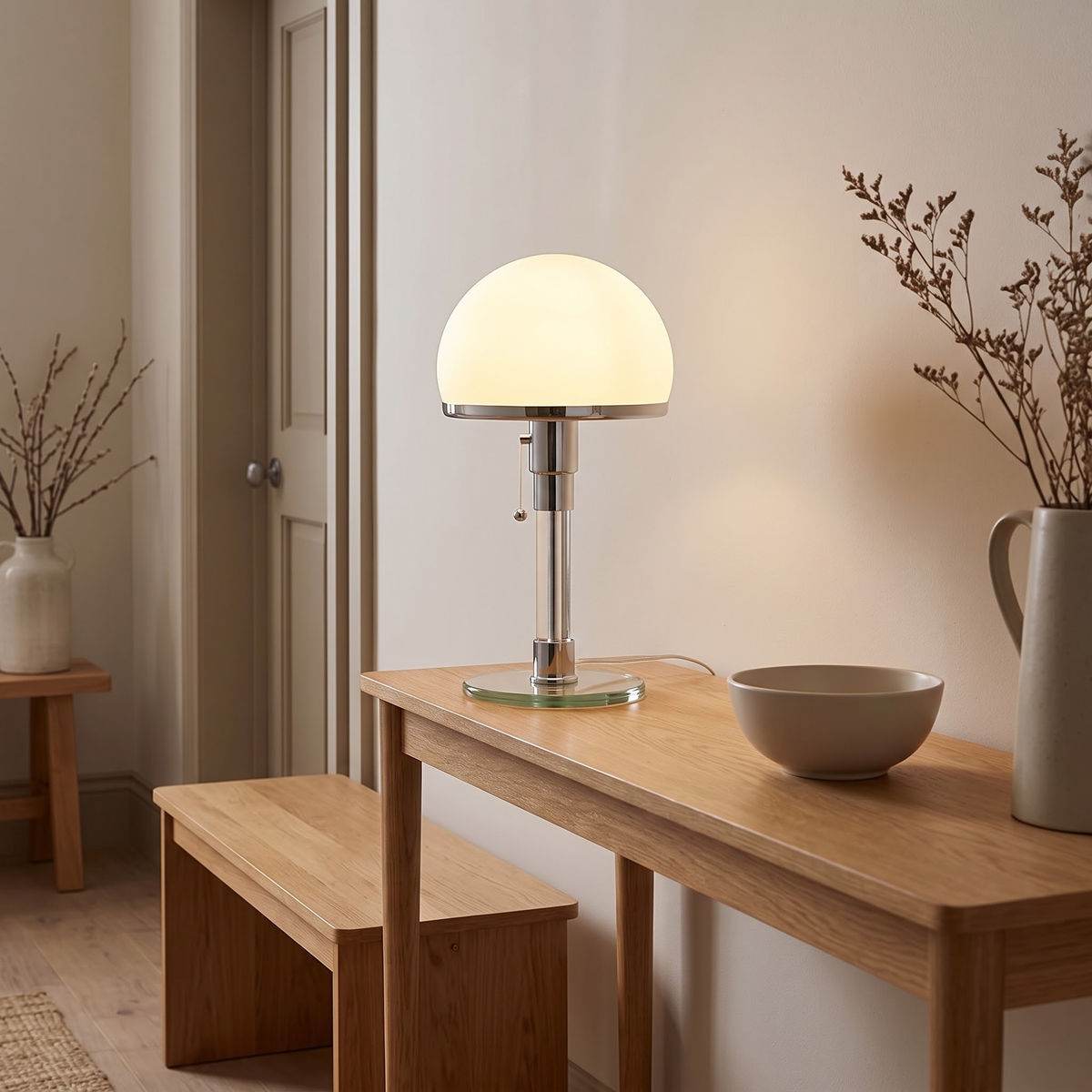 White glass dome table lamp on an oak console in an entry hall