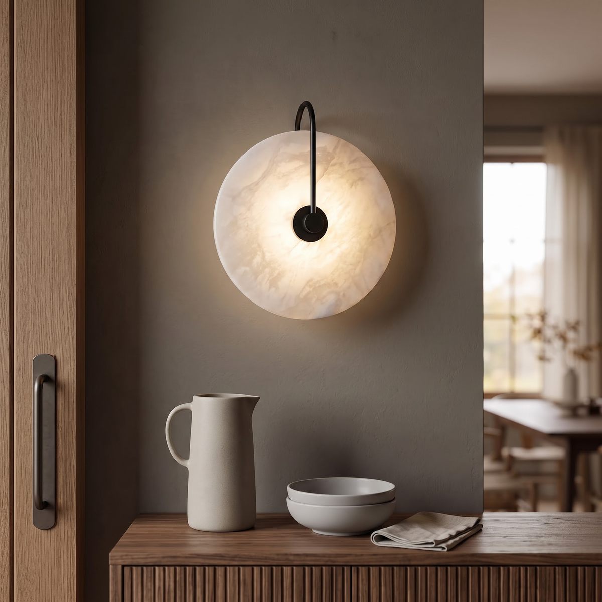 Round marble-look wall light with black arm glowing above a sideboard