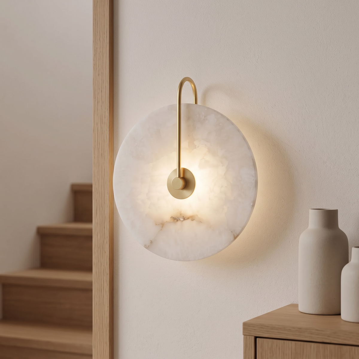Marble-look disc wall light with gold arm on a stair landing