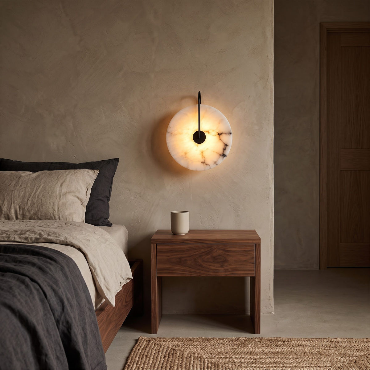 Glowing marble disc wall sconce with black arm above a nightstand