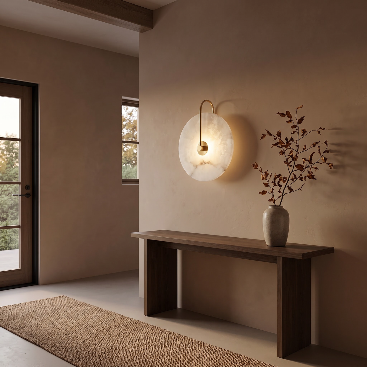 Marble disc wall light with gold arm above a dark oak console