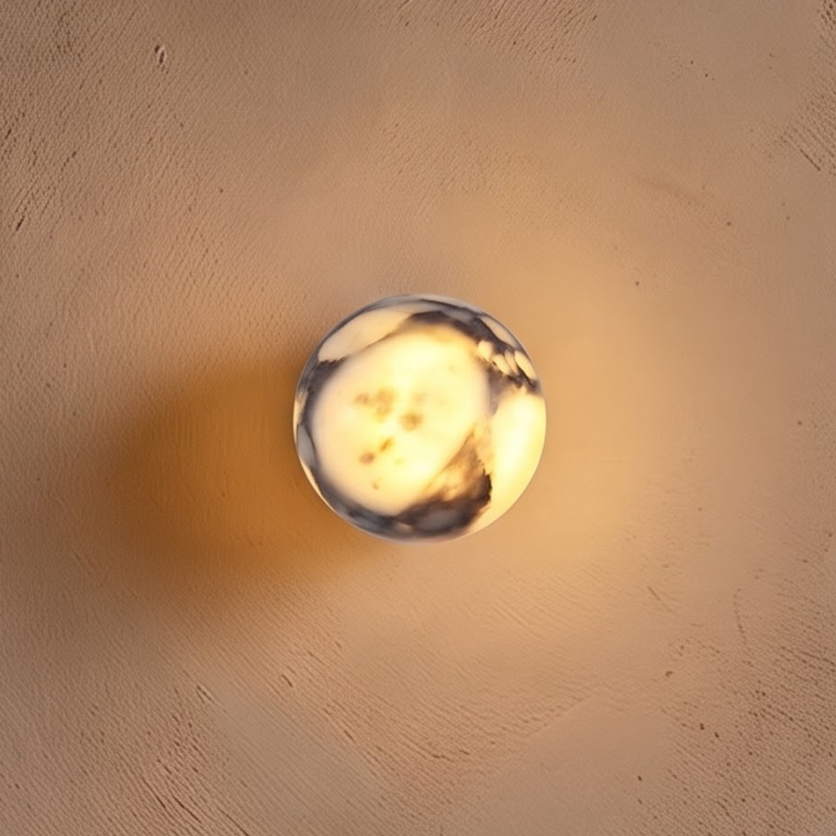 Glowing veined marble ball wall light above an oak nightstand