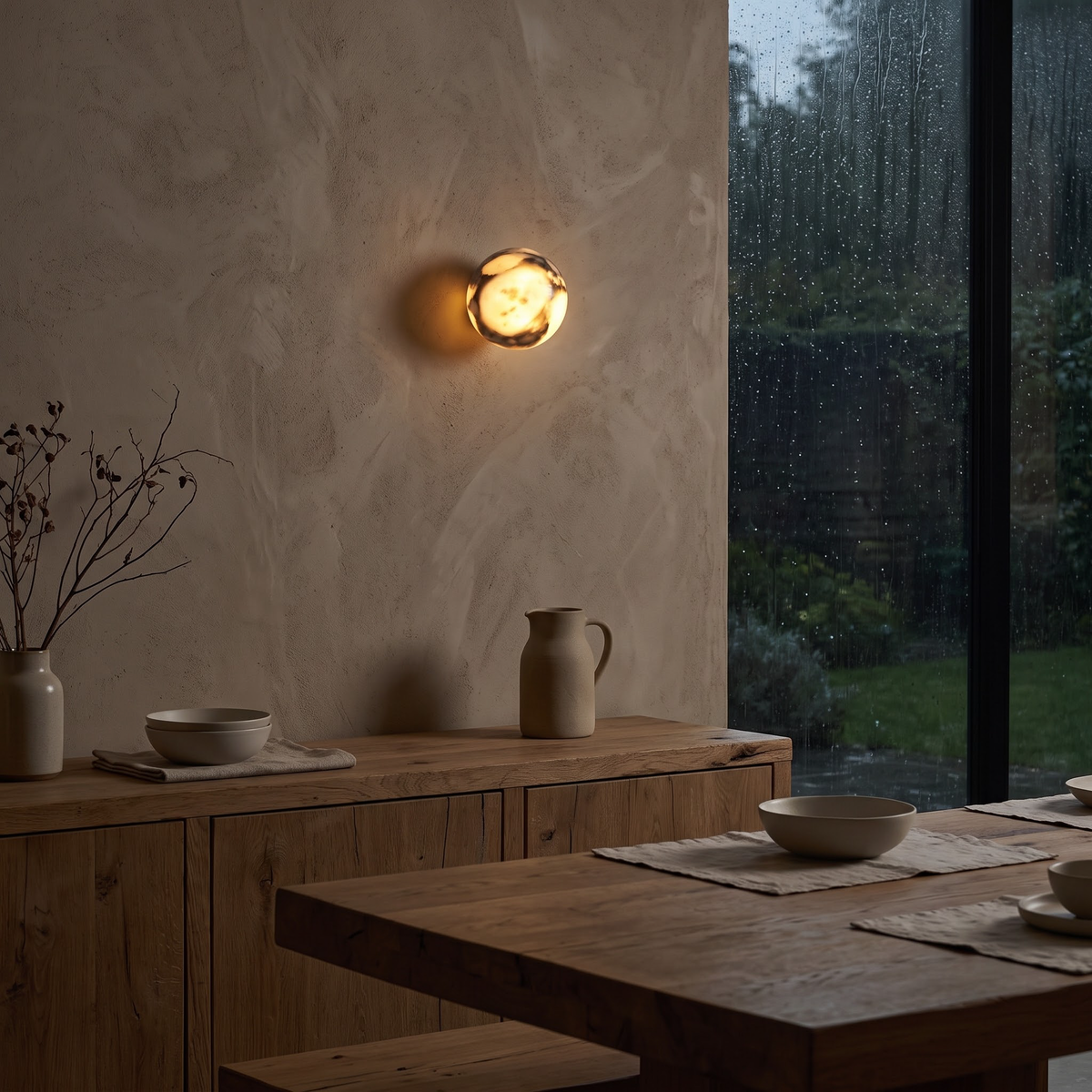 Warm glowing marble ball sconce above an oak sideboard