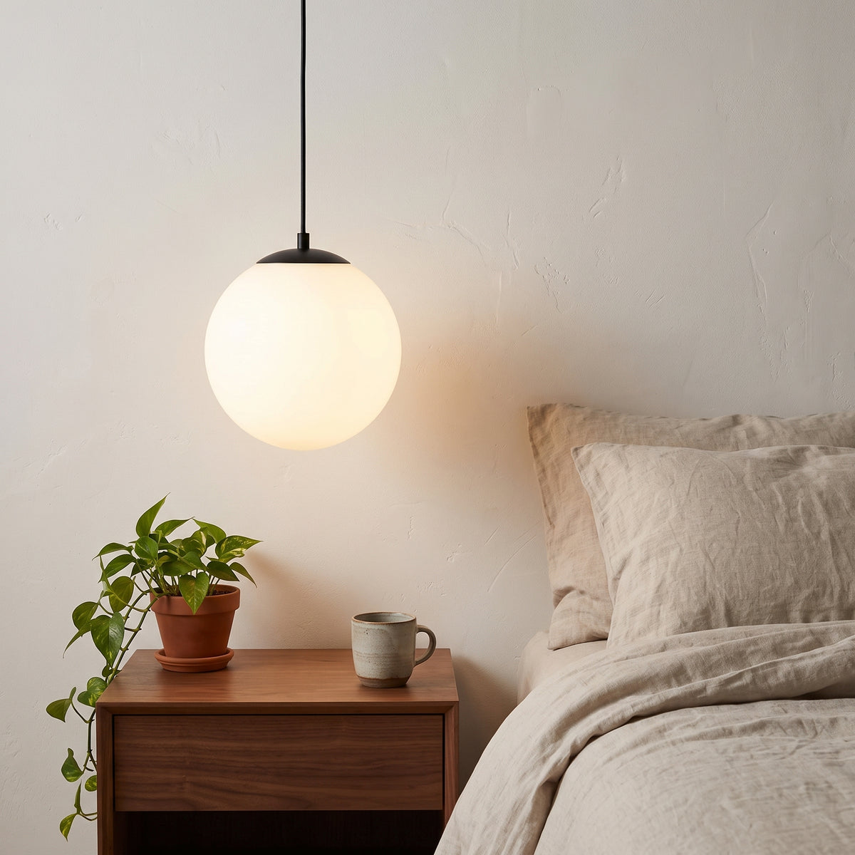 Opal glass globe pendant as a bedside light in a plaster bedroom