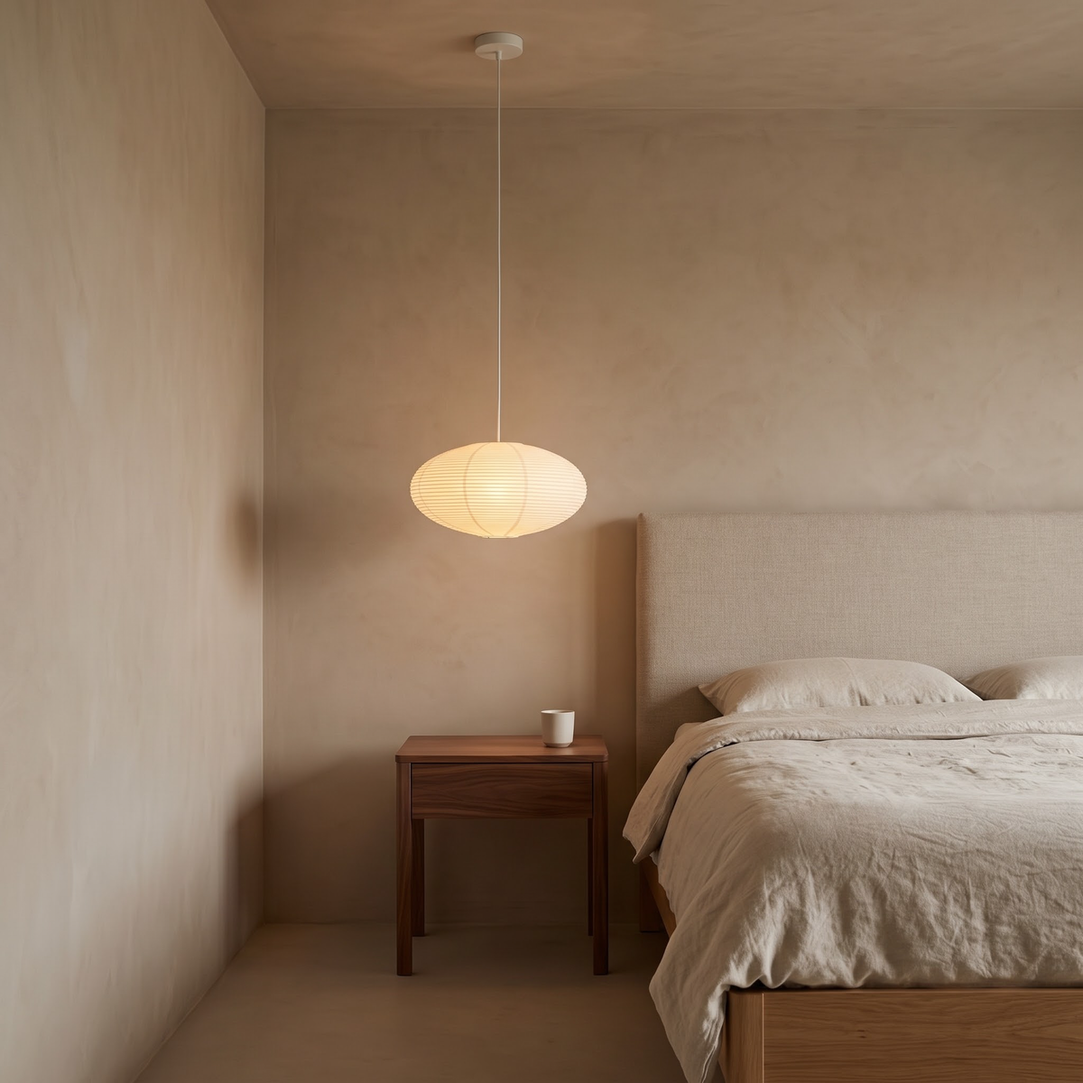Oval rice paper pendant hanging beside a bed in a calm bedroom
