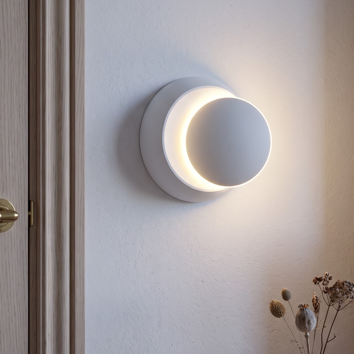 Small matte white round swivel wall light beside an oak door