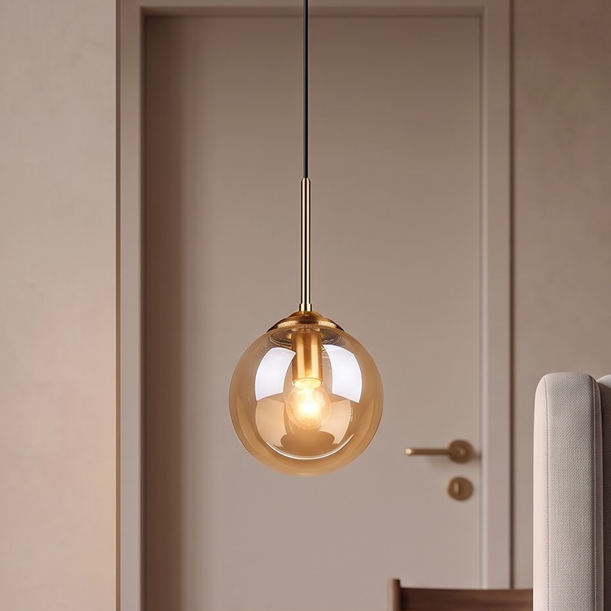 Amber glass globe pendant light glowing beside a walnut nightstand