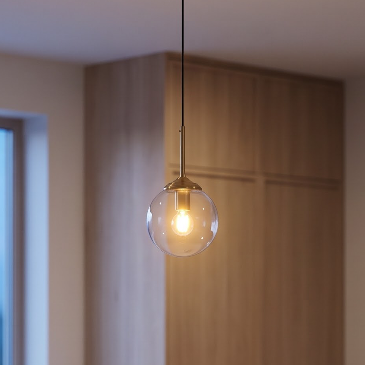 Clear glass globe pendant with brass stem above a stone counter