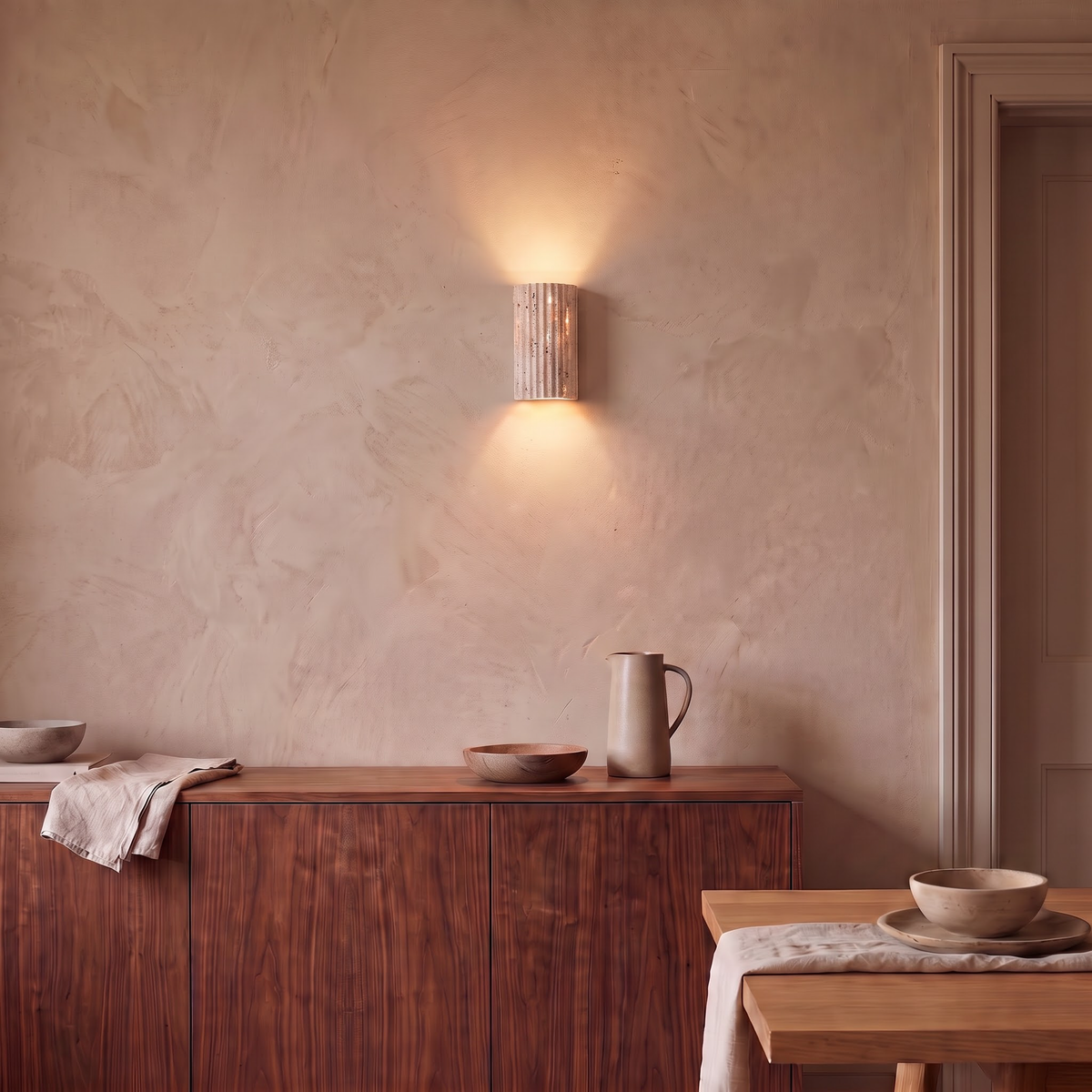 Travertine up and down wall light above a walnut sideboard