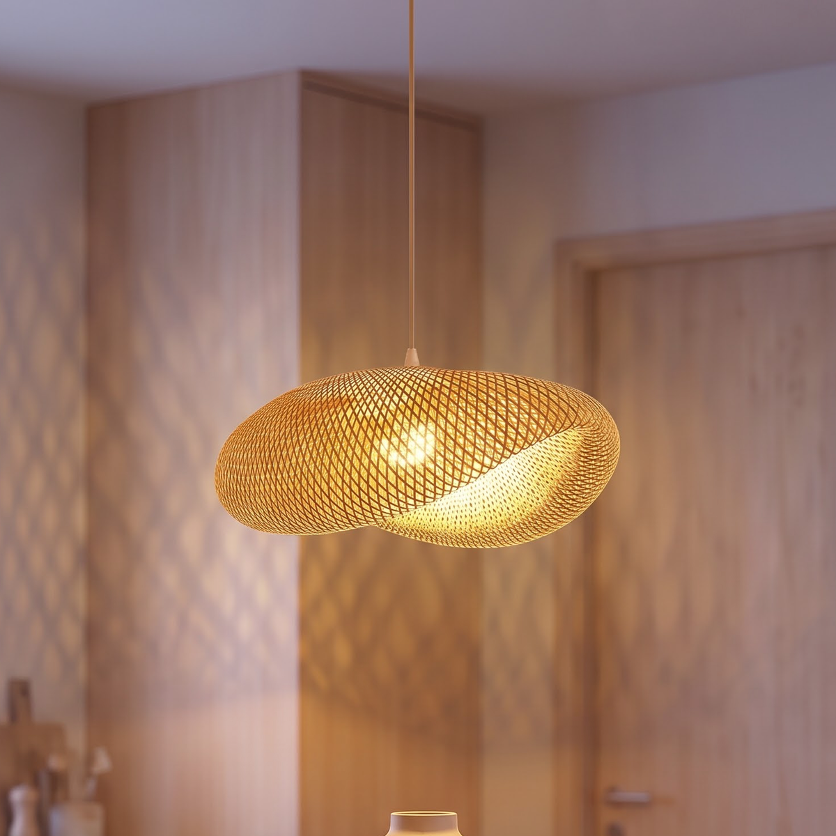 Woven bamboo wave pendant with wood canopy above a kitchen island