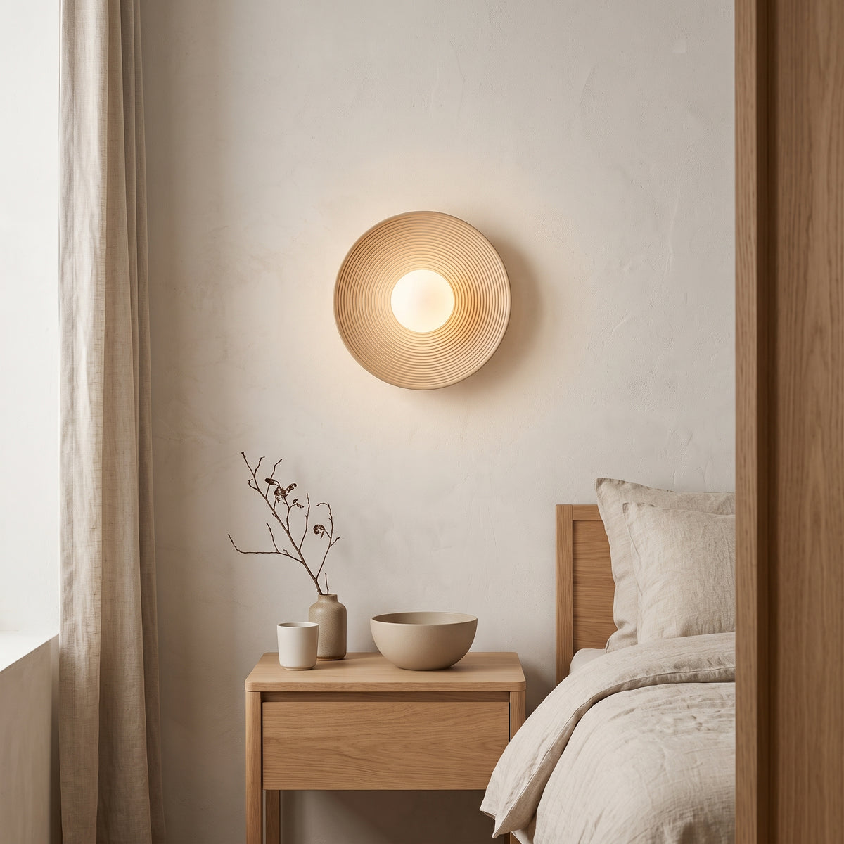 Sand-coloured ribbed disc wall sconce glowing above a bedside table