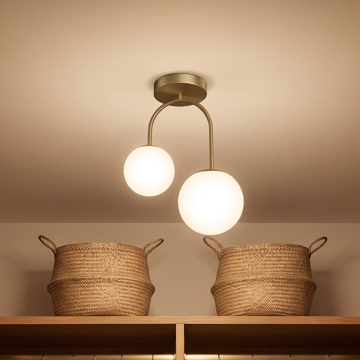 Brass arch semi-flush ceiling light with two opal globes above a door