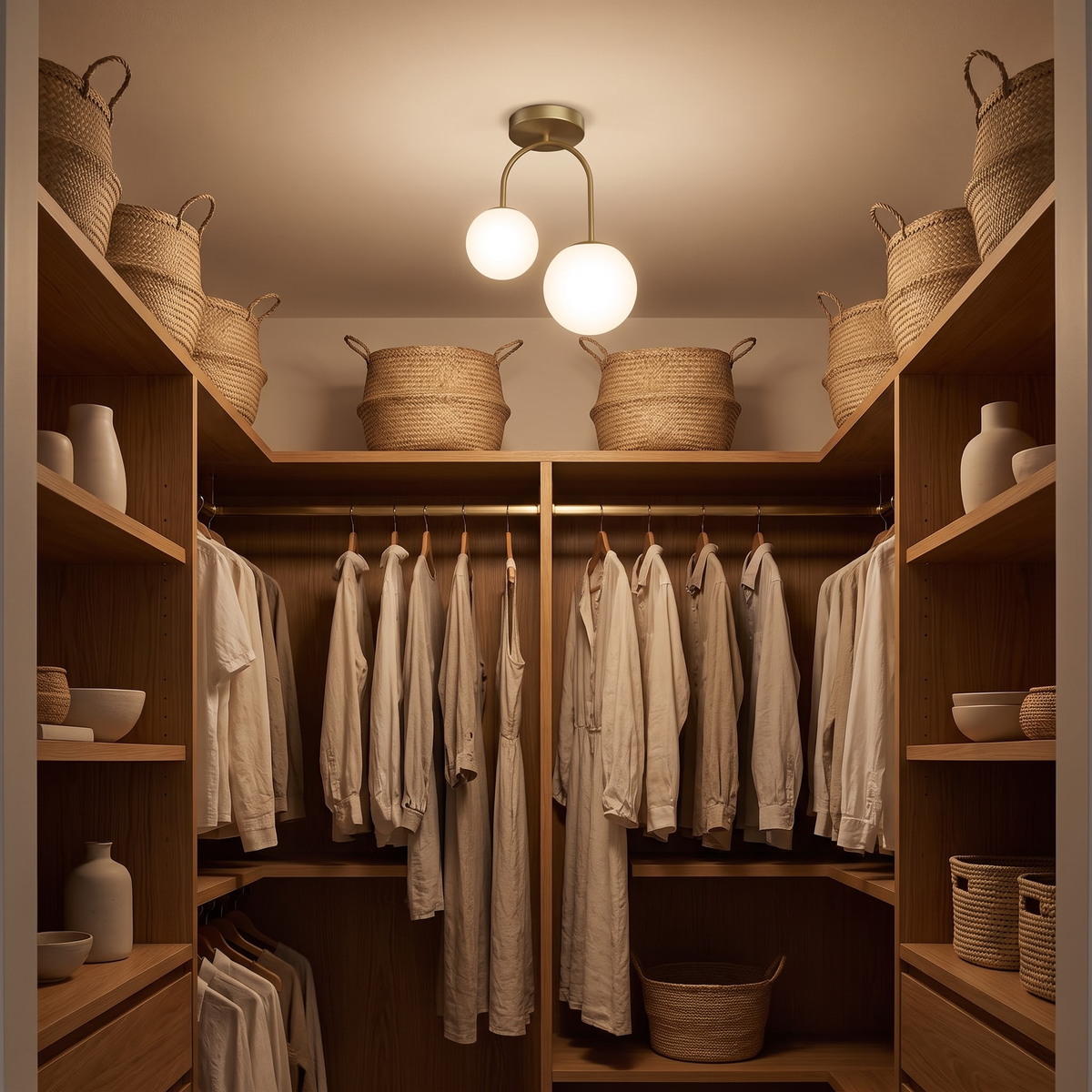 Opal globe semi-flush ceiling light in an oak walk-in closet