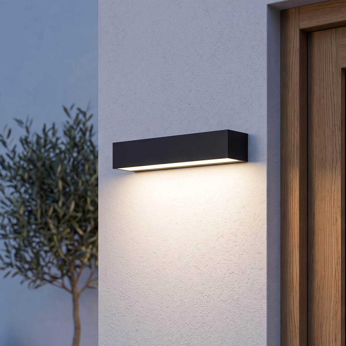 Black rectangular outdoor wall light beside an oak front door at dusk