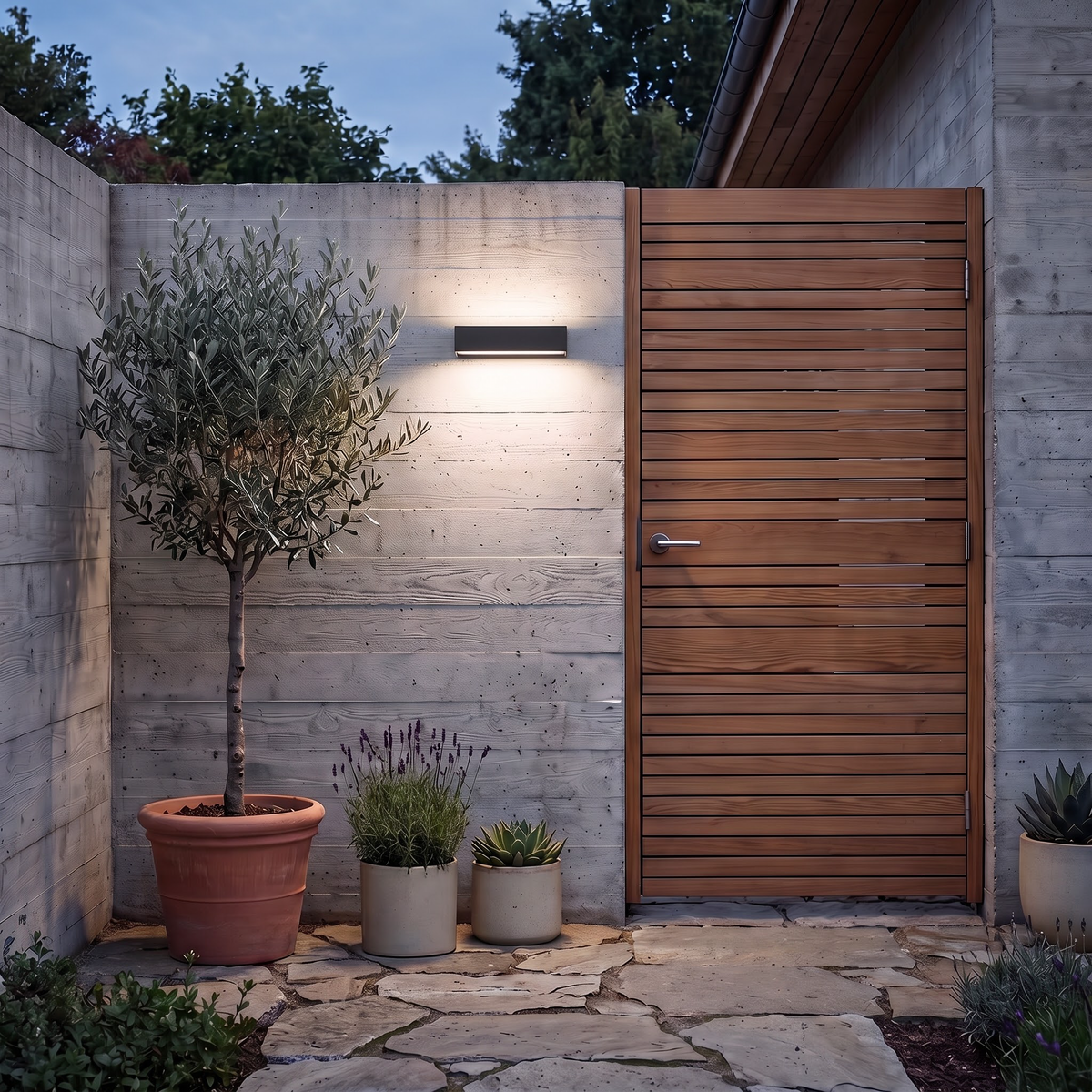 Black outdoor bar wall light beside a cedar garden gate