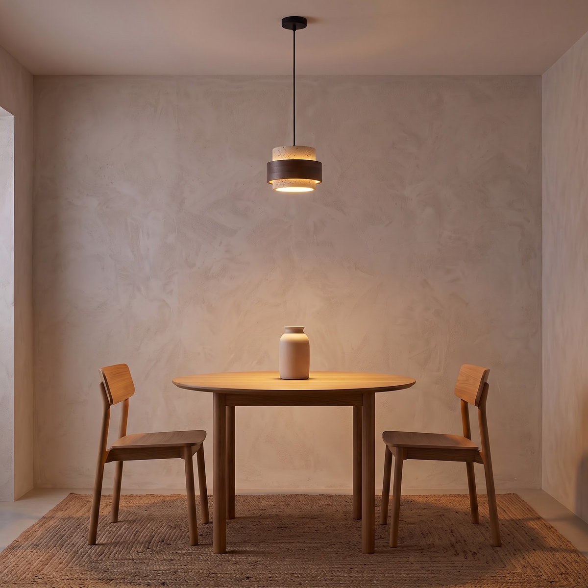 Small travertine pendant with walnut band over an oak entry console
