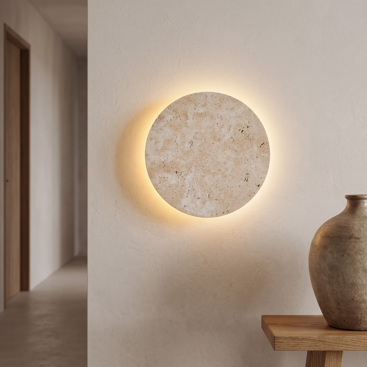 Round stone wall light with a warm halo at the end of a hallway