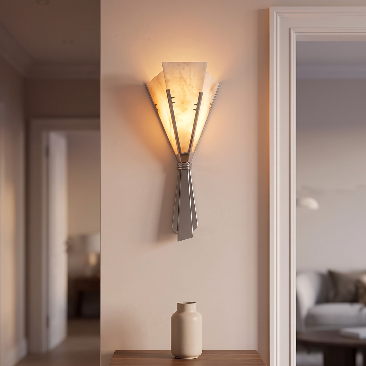 Art Deco fan wall sconce with cream stone panels glowing warm