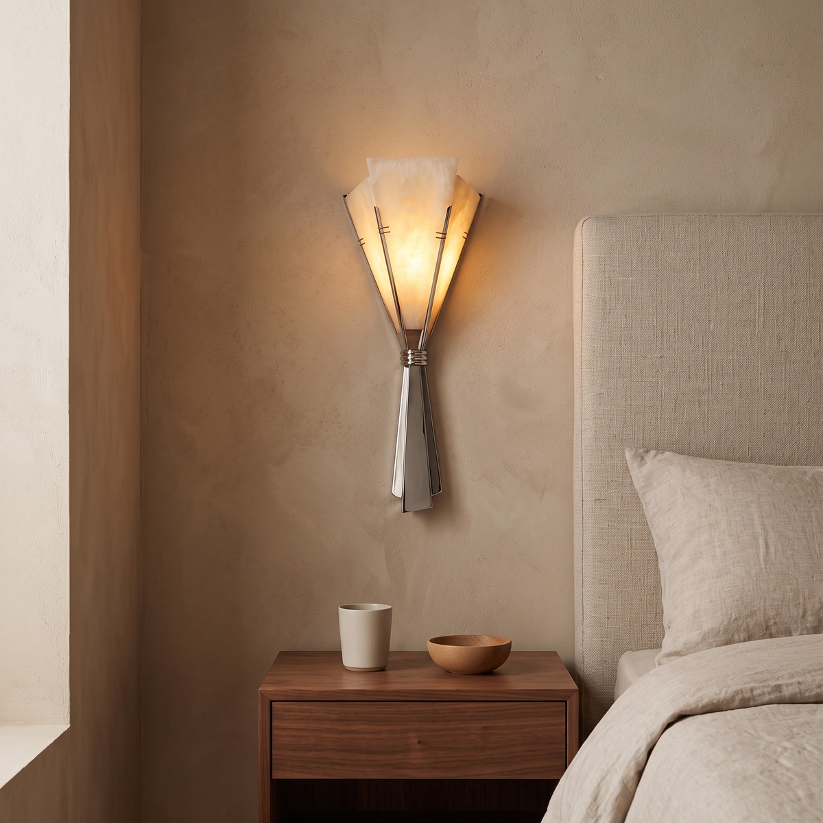 Cream stone Art Deco sconce beside a linen headboard in a bedroom