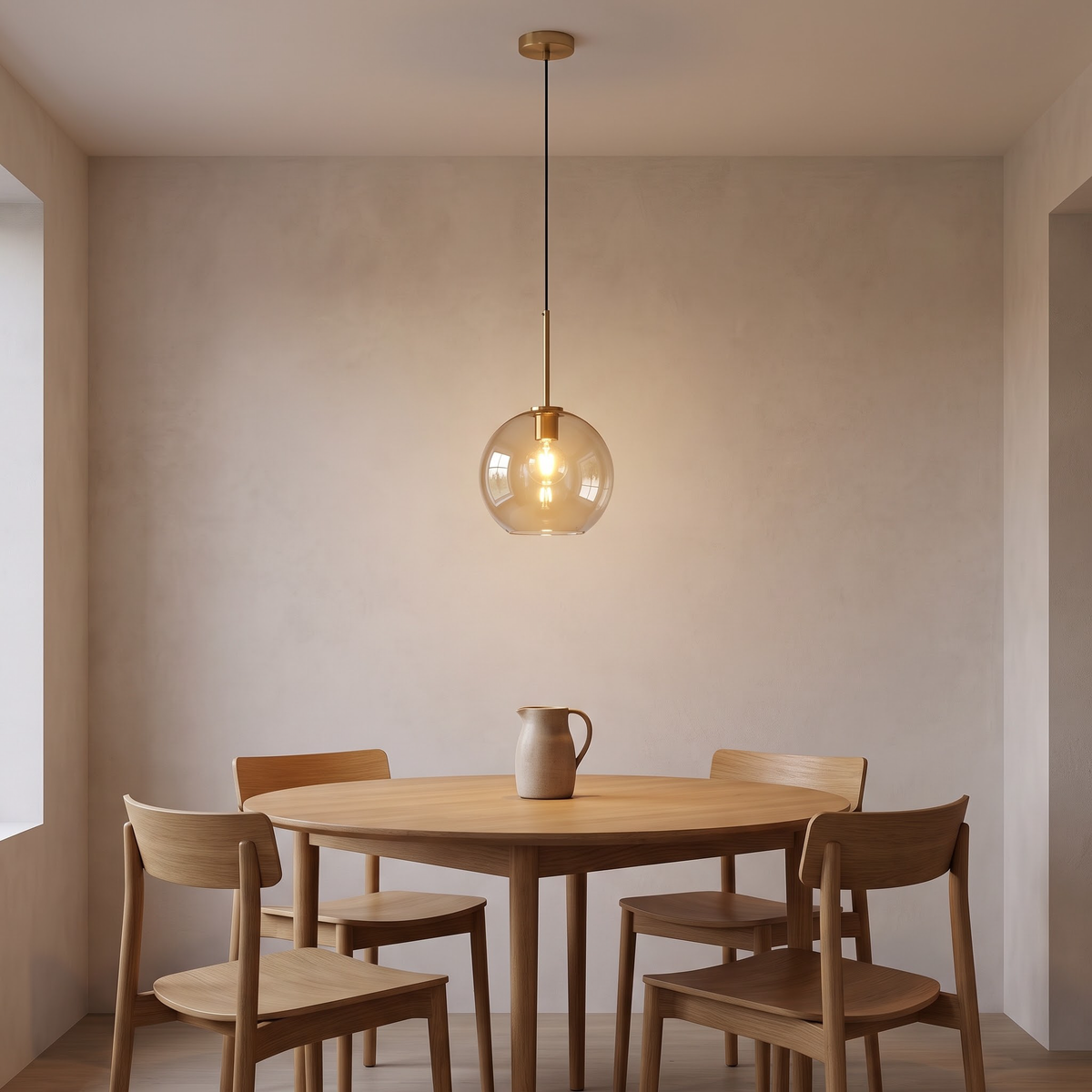 Large amber glass globe pendant over a round oak dining table