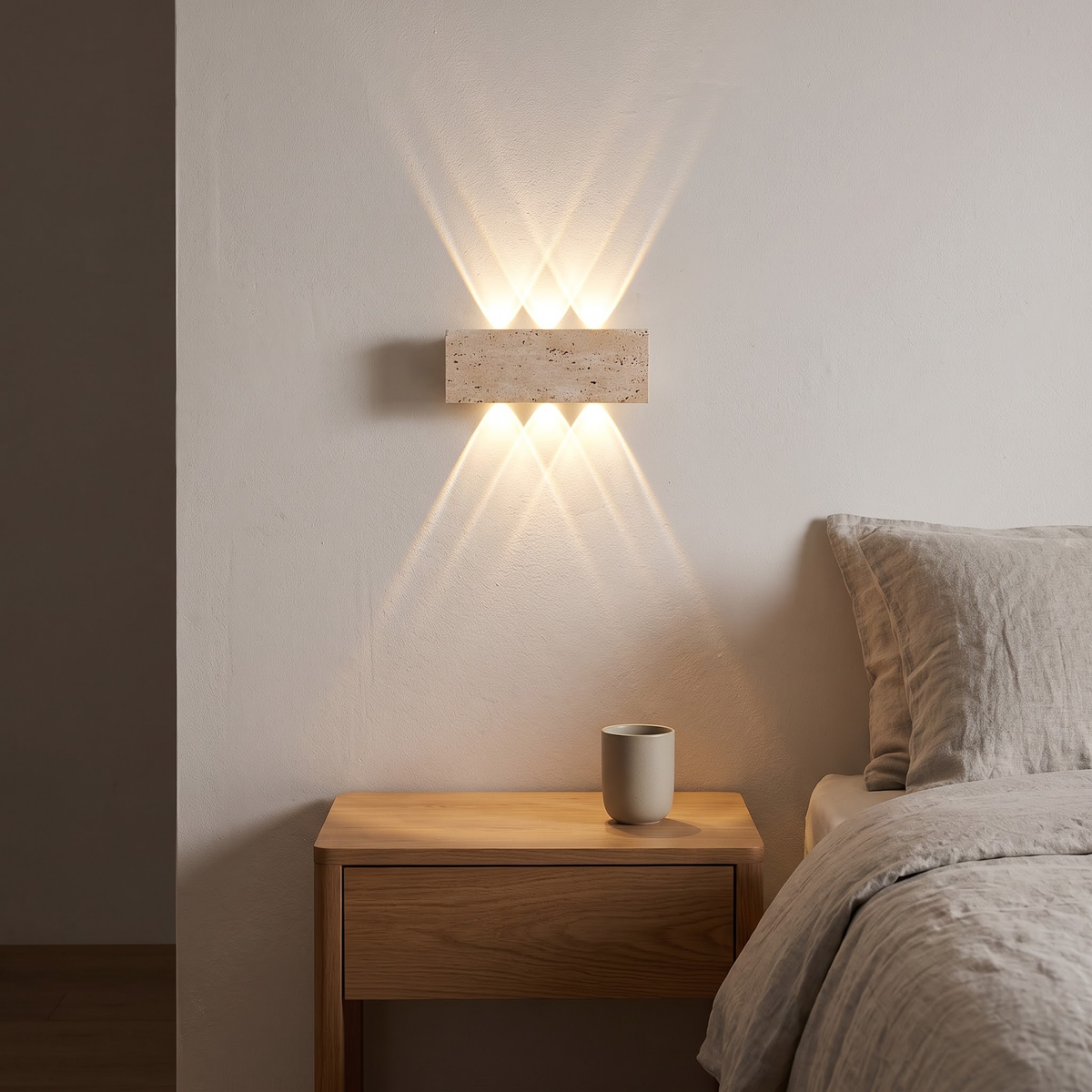 Stone wall sconce casting warm light fans above a bedside table