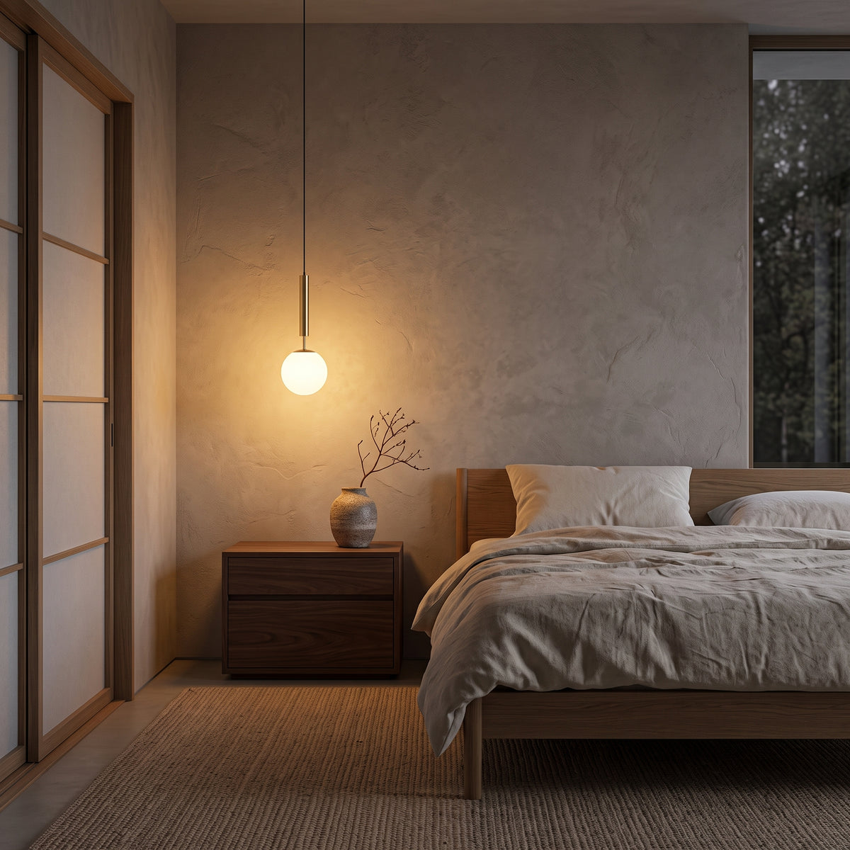 Brass pendant light with opal glass ball glowing beside a Japandi bed