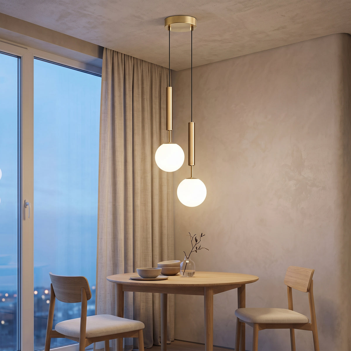Two-drop brass and opal glass pendant cluster over an oak dining table