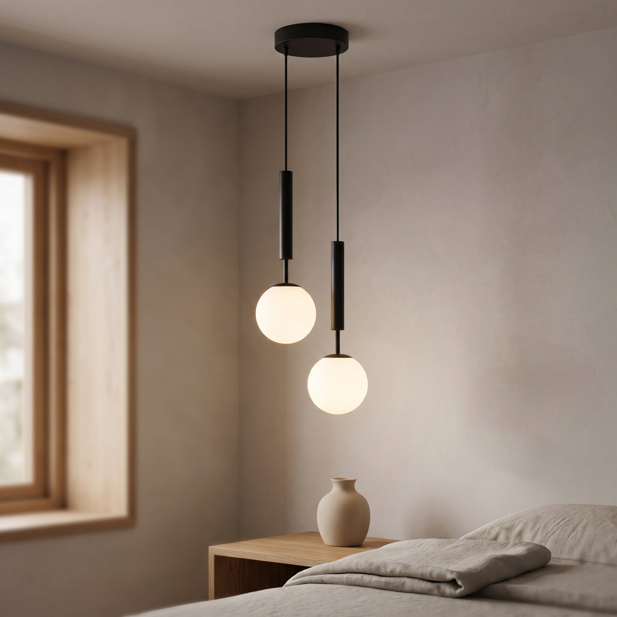 Black two-drop pendant light with opal glass balls beside a bed