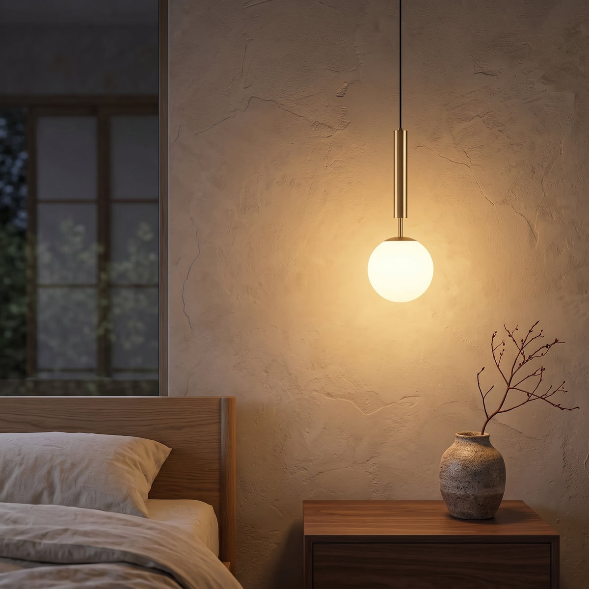 Rin Pendant Light – Slim Rod with Opal Glass Ball, Modern LED Bedside or Dining Pendant, Brass or Black, 1 or 2 Drops