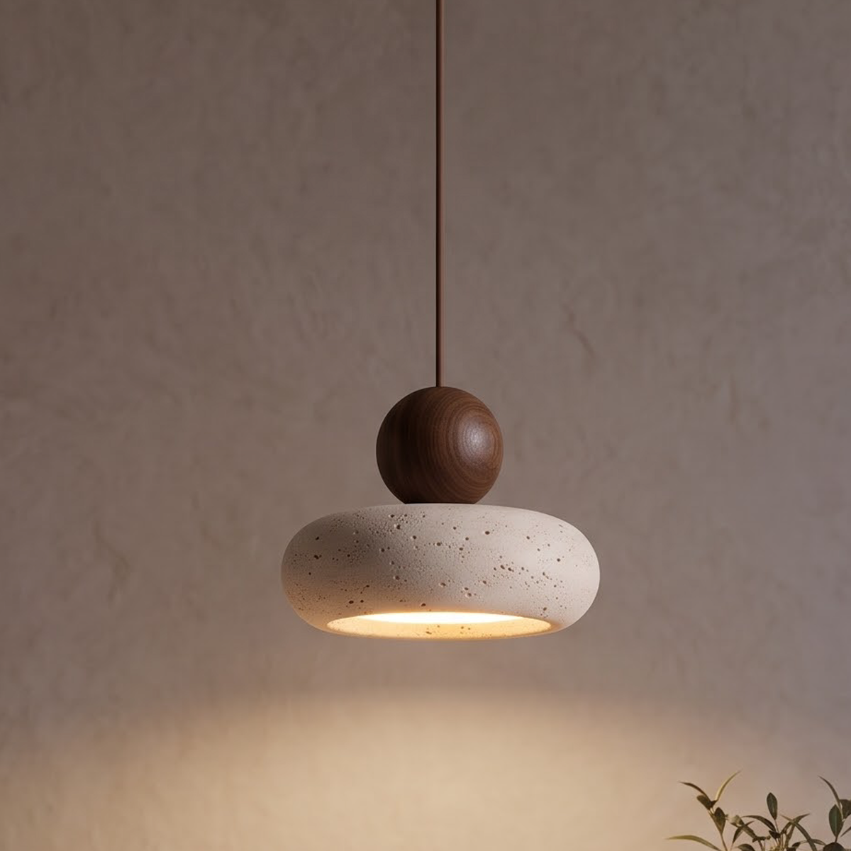 Small stone pendant light with walnut ball glowing over a side table