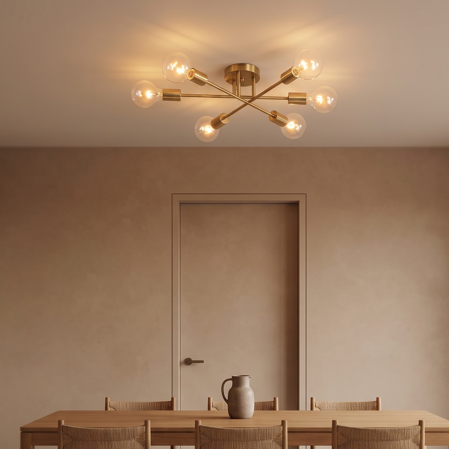 Brushed gold six-arm sputnik ceiling light glowing above a living room