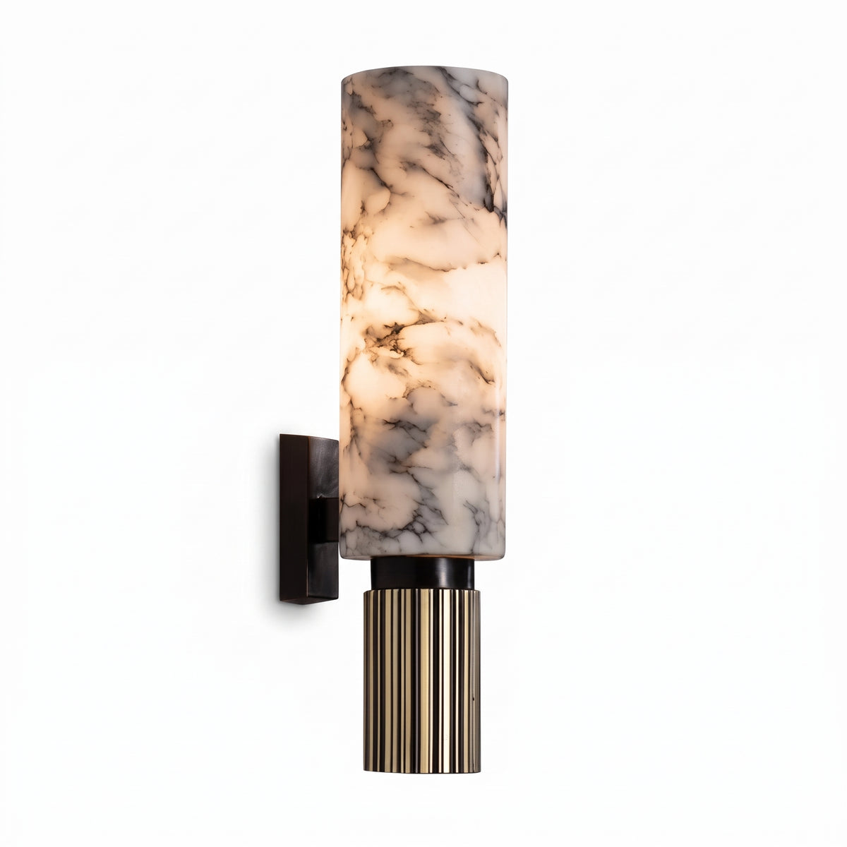 White marble cylinder wall sconce on a fluted brass base