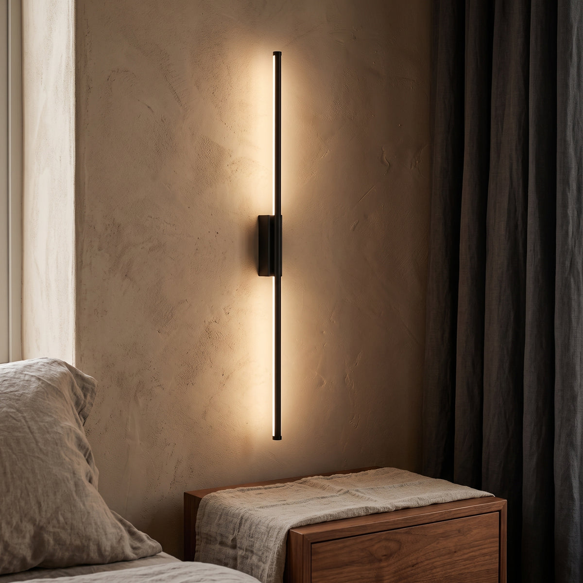Black linear LED wall lamp beside a bed in a plaster bedroom