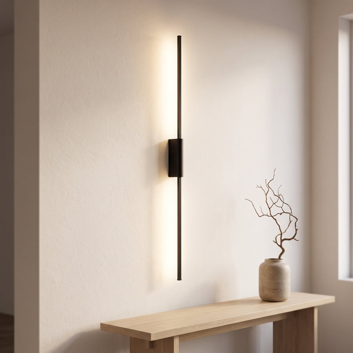 Black slim LED wall light in a Nordic entry hallway at evening