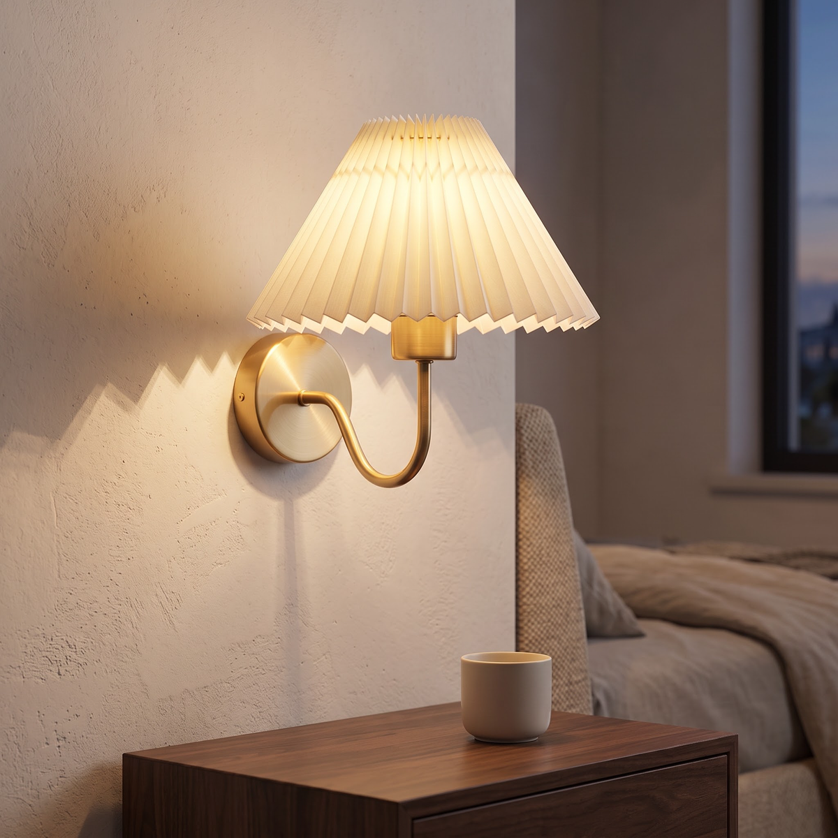 Gold pleated shade wall sconce glowing above a walnut nightstand