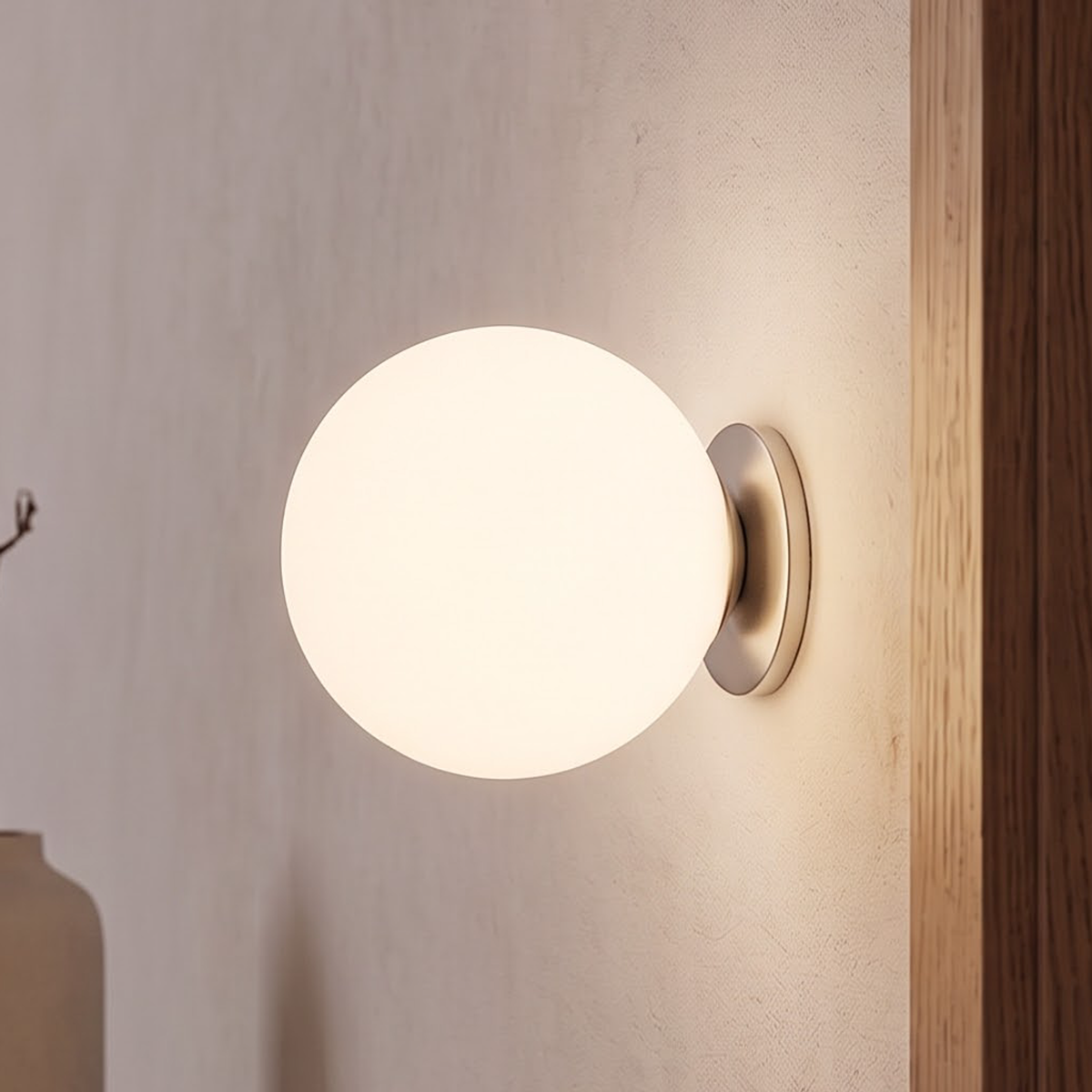 Frosted white glass globe wall sconce glowing beside an oak door frame