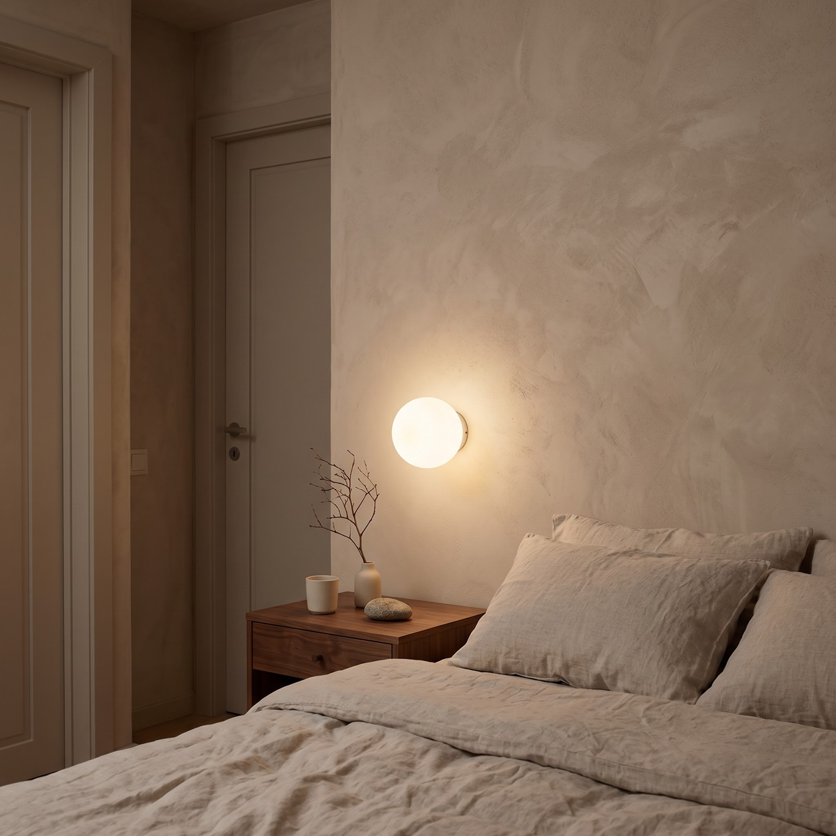 Frosted glass globe sconce over a walnut nightstand in a bedroom