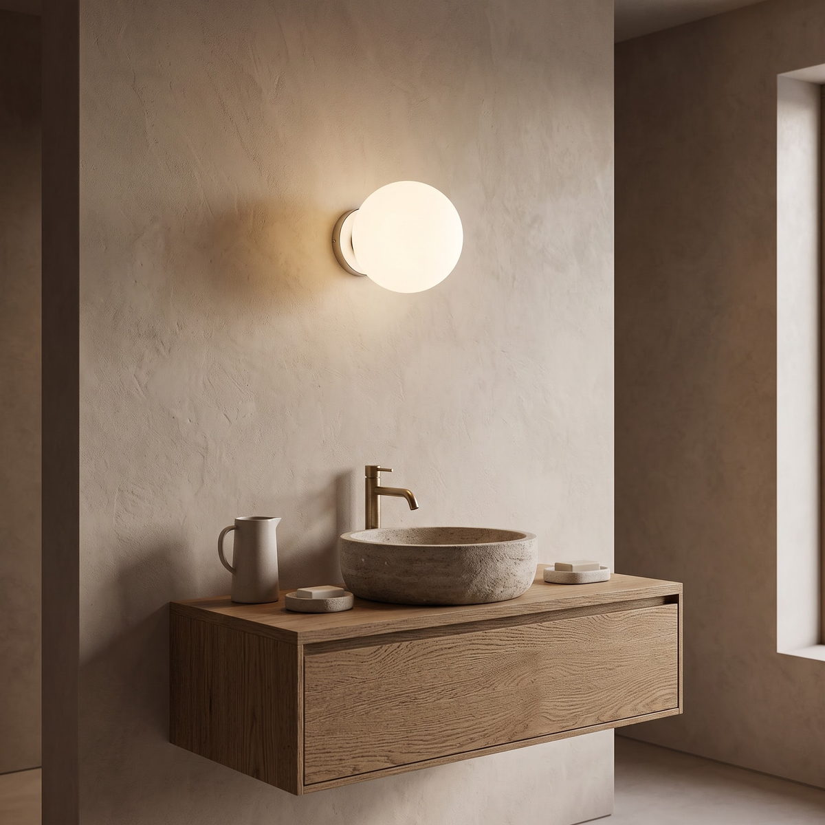 Frosted glass globe wall light above an oak bathroom vanity