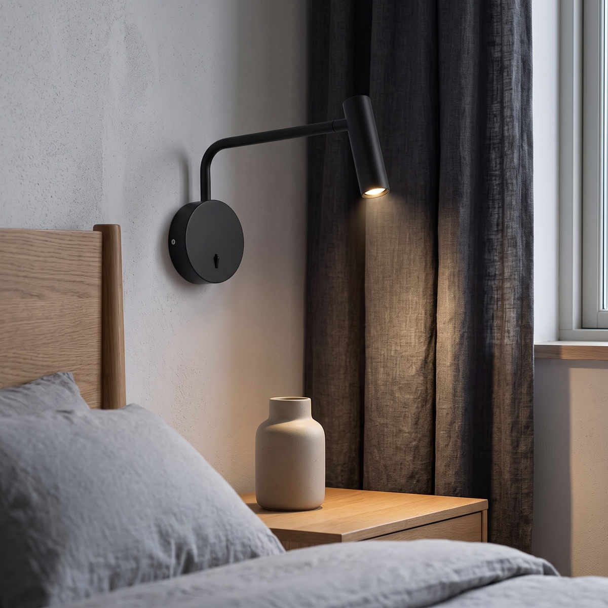 Matte black slim-arm wall reading light above an oak nightstand
