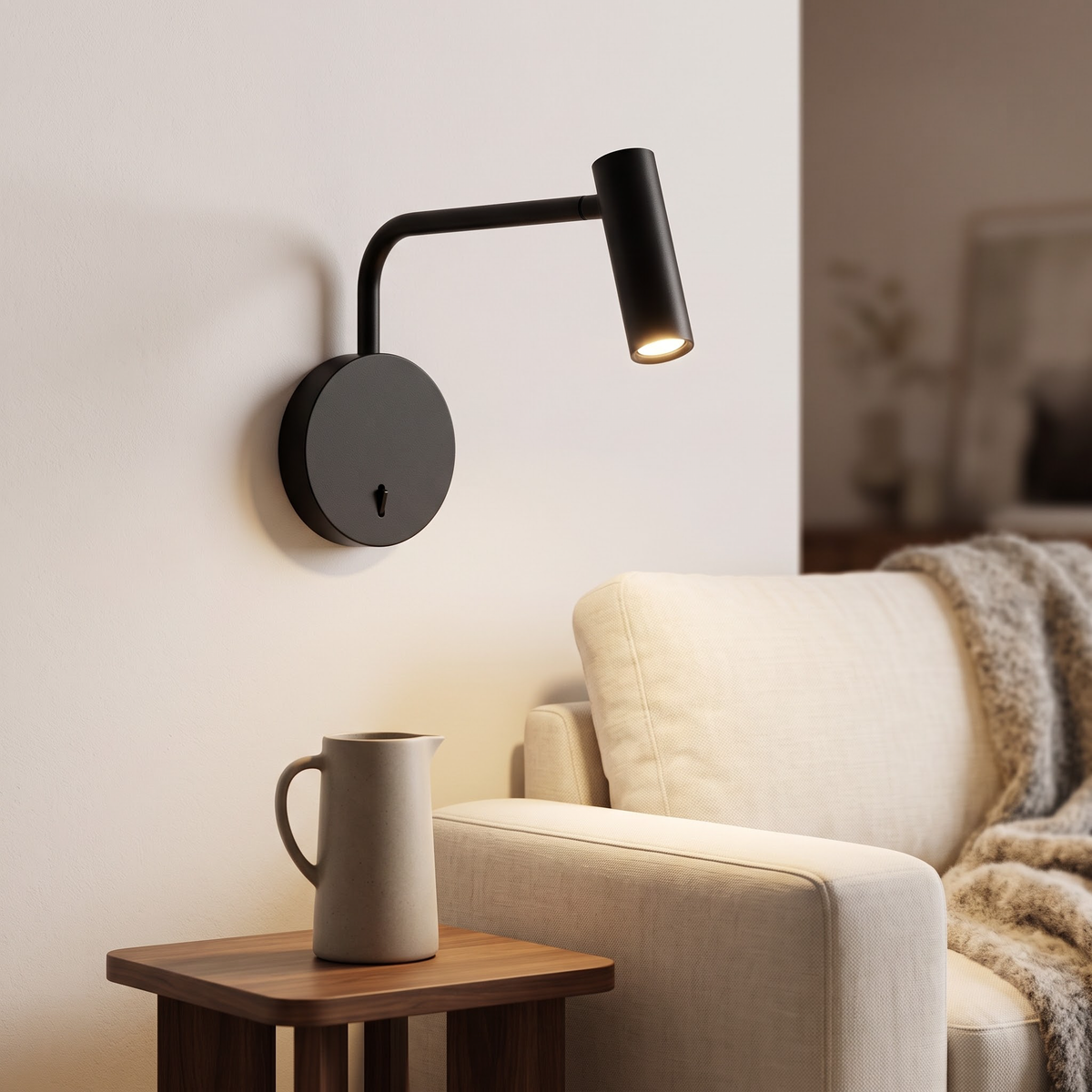 Black wall reading light with slim arm over a linen sofa